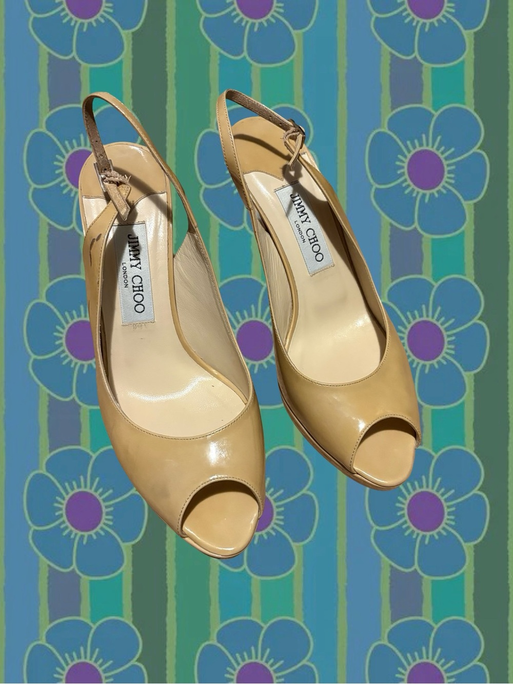 Jimmy Choo Beige Nude Peep-Toe Slingback Heels